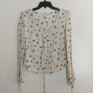 Silky white long sleeve blouse w/ floral pattern